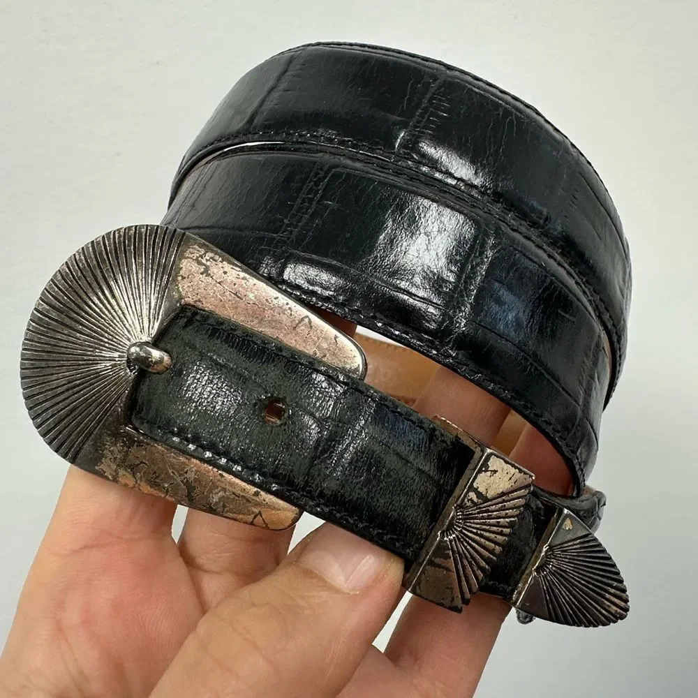 Vintage Onyx Western Belt Black Leather Croc Embossed Silver Tone Hardware L